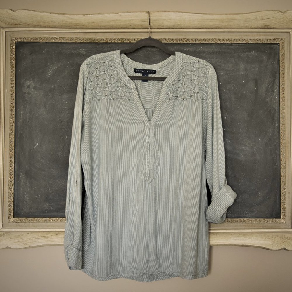 Bandolino Striped, Smocked & Beaded Blouse